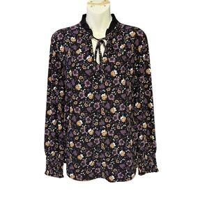 Anne Klein Floral Blouse - Black and purple size medium elastic cuffs